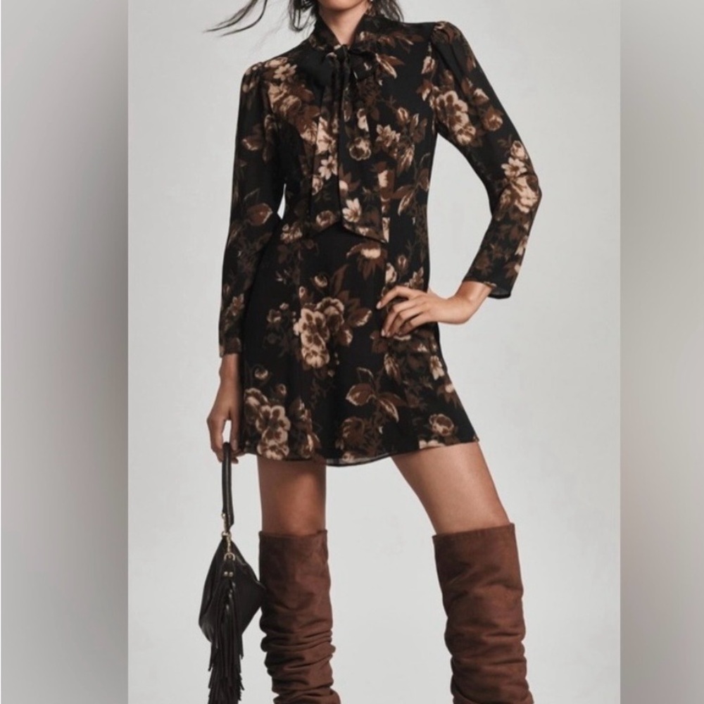 Reformation sunna Black and Brown Floral Long Sleeve Dress